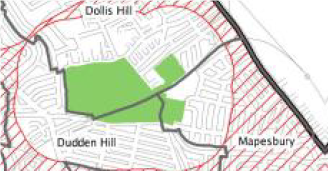 Map showing the parts of Gladstone Park in each of the three wards: Dollis Hill, Dudden Hill and Mapesbury

The black lines show the ward boundaries.
